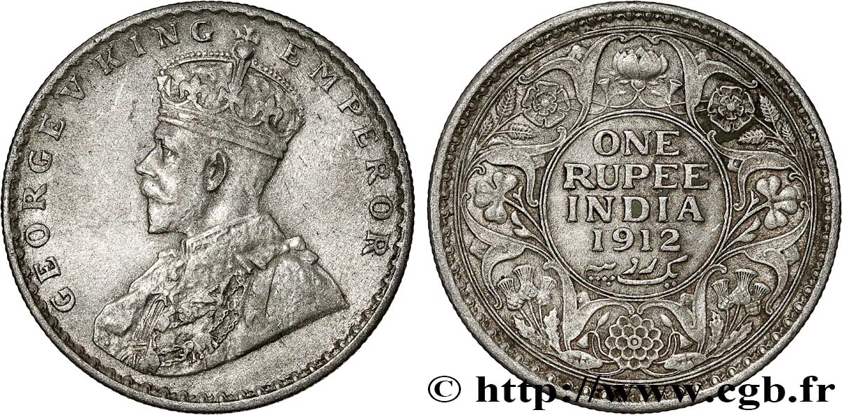 INDIA BRITANNICA 1 Rupee (Roupie) Georges V 1912 Calcutta BB 