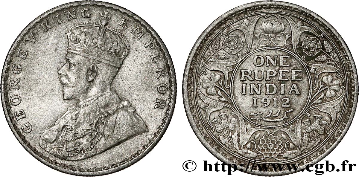 INDIA BRITÁNICA 1 Rupee (Roupie) Georges V 1912 Calcutta MBC 