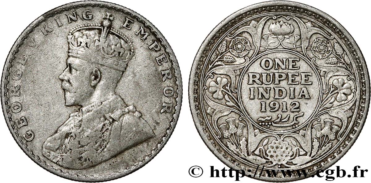 INDIA BRITÁNICA 1 Rupee (Roupie) Georges V 1912 Bombay MBC 