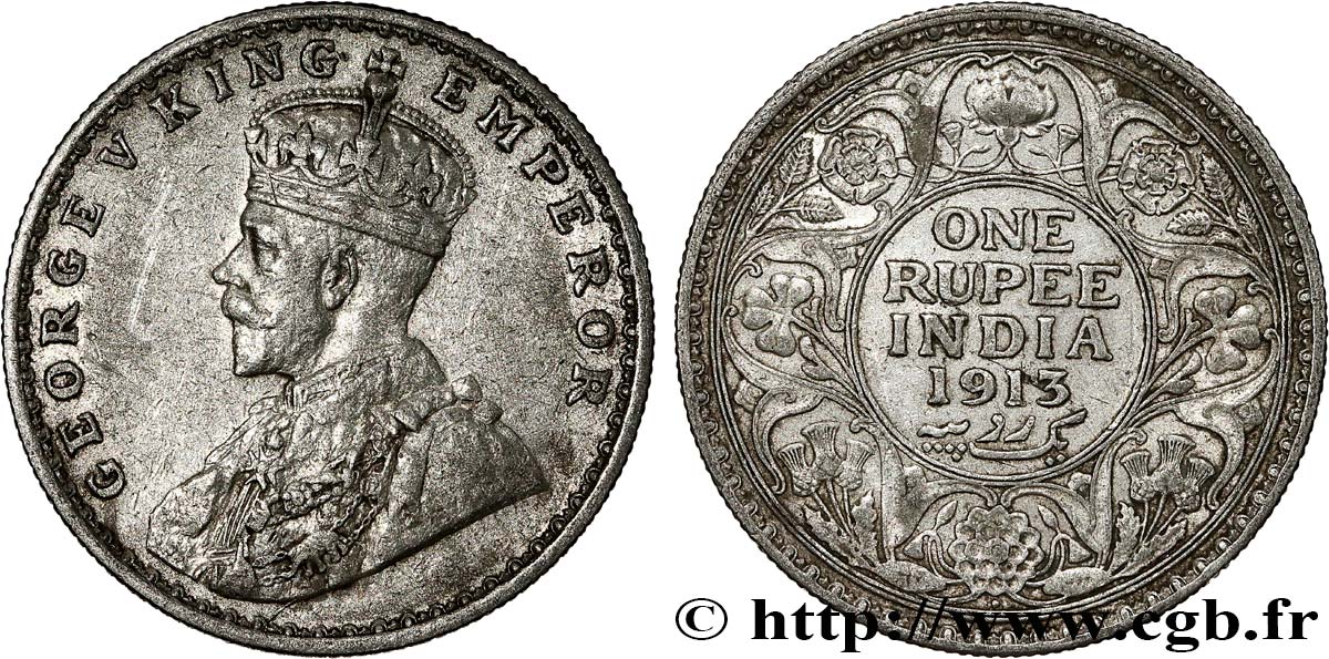 INDIA BRITÁNICA 1 Rupee (Roupie) Georges V 1913 Bombay MBC 