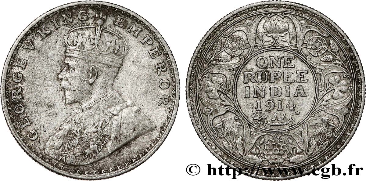INDIA BRITÁNICA 1 Rupee (Roupie) Georges V 1914 Bombay MBC 