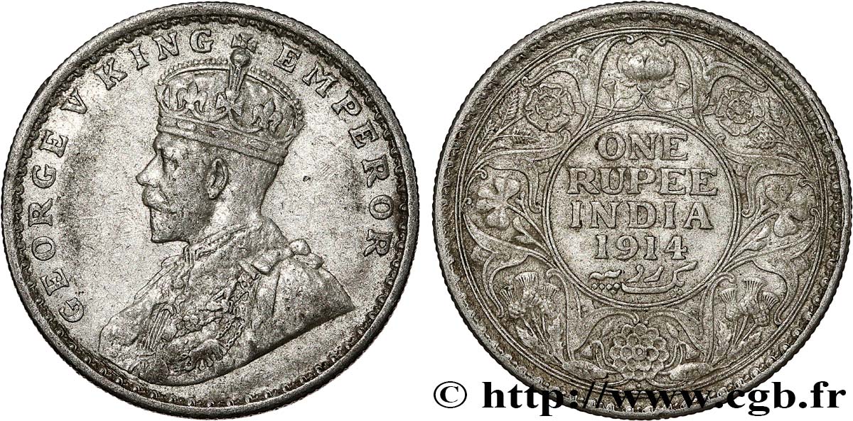 INDIA BRITANNICA 1 Rupee (Roupie) Georges V 1914 Bombay BB 