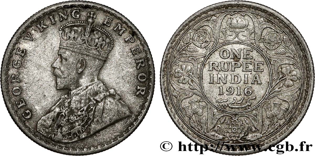 BRITISH INDIA 1 Rupee (Roupie) Georges V 1916 Bombay (Mumbai) VF 
