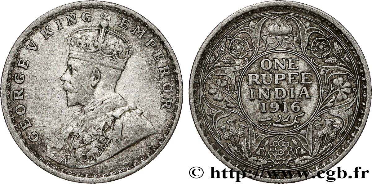 INDIA BRITANNICA 1 Rupee (Roupie) Georges V 1916 Calcutta q.BB 