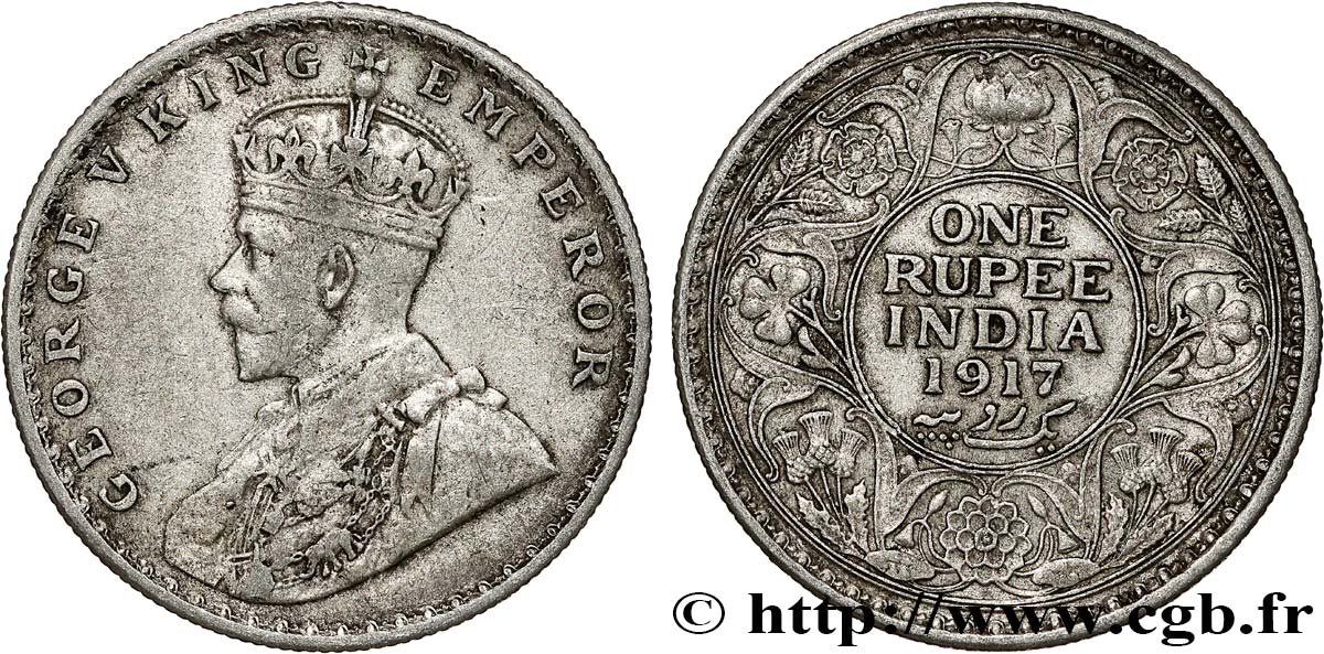 INDIA BRITÁNICA 1 Rupee (Roupie) Georges V 1917 Calcutta BC+ 