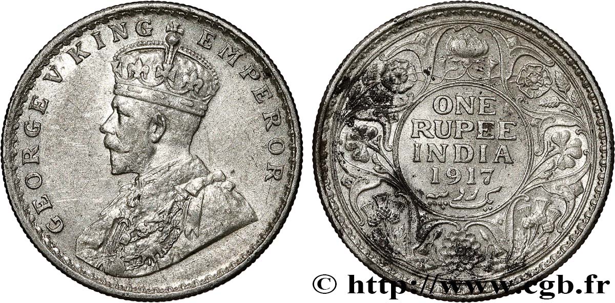 BRITISH INDIA 1 Rupee (Roupie) Georges V 1917 Calcutta XF 