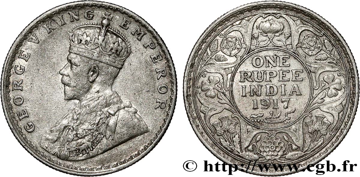INDIA BRITÁNICA 1 Rupee (Roupie) Georges V 1917 Bombay MBC 