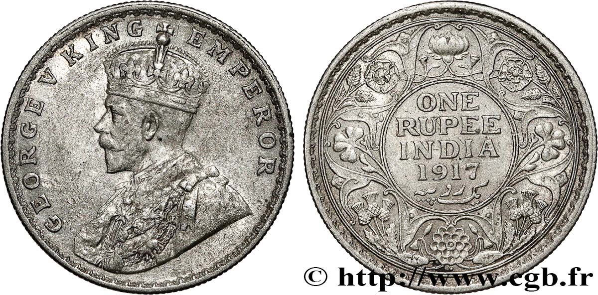 INDIA BRITANNICA 1 Rupee (Roupie) Georges V 1917 Bombay BB 