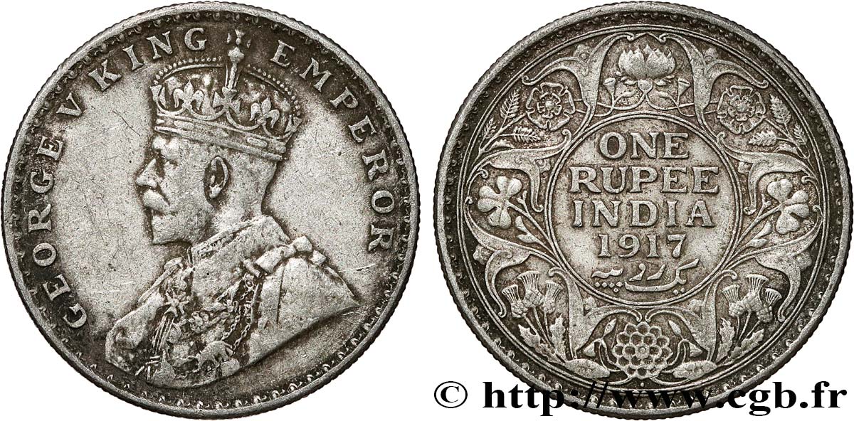 BRITISCH-INDIEN 1 Rupee (Roupie) Georges V 1917 Bombay fSS 