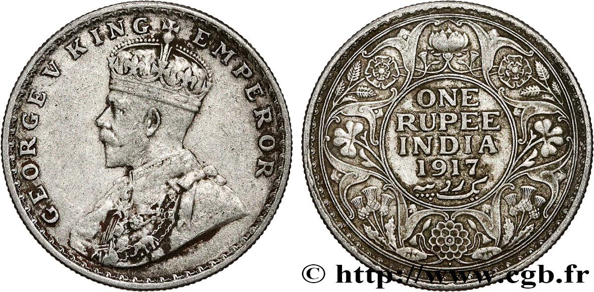 INDIA BRITÁNICA 1 Rupee (Roupie) Georges V 1917 Bombay BC+ 