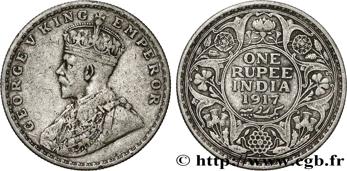 INDIA BRITÁNICA 1 Rupee (Roupie) Georges V 1917 Bombay BC+ 