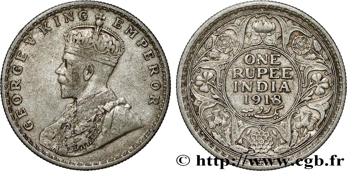 INDIA BRITANNICA 1 Rupee (Roupie) Georges V 1918 Calcutta q.BB 