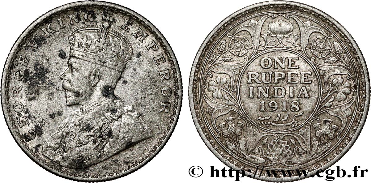 INDIA BRITÁNICA 1 Rupee (Roupie) Georges V 1918 Calcutta BC+ 