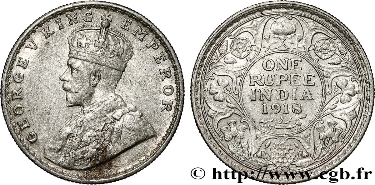 BRITISH INDIA 1 Rupee (Roupie) Georges V 1918 Bombay XF 
