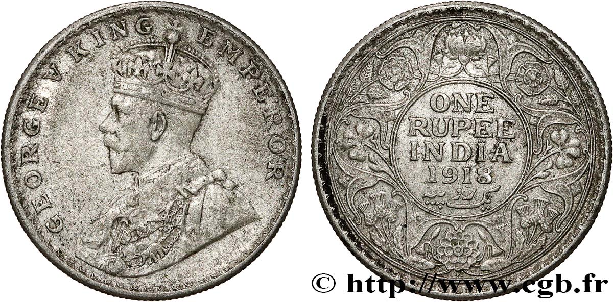 INDIA BRITÁNICA 1 Rupee (Roupie) Georges V 1918 Bombay BC+ 