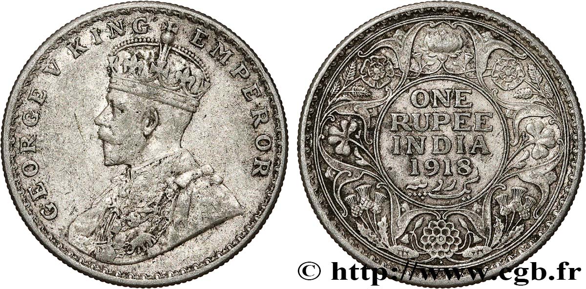 INDIA BRITANNICA 1 Rupee (Roupie) Georges V 1918 Bombay q.BB 