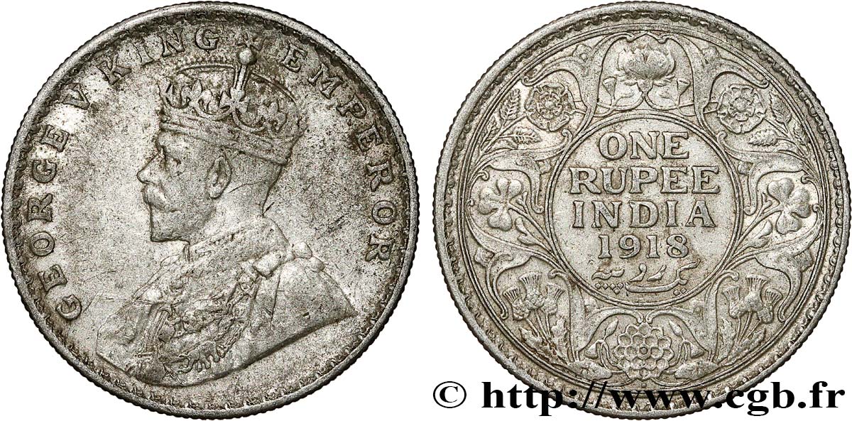 BRITISH INDIA 1 Rupee (Roupie) Georges V 1918 Bombay VF 