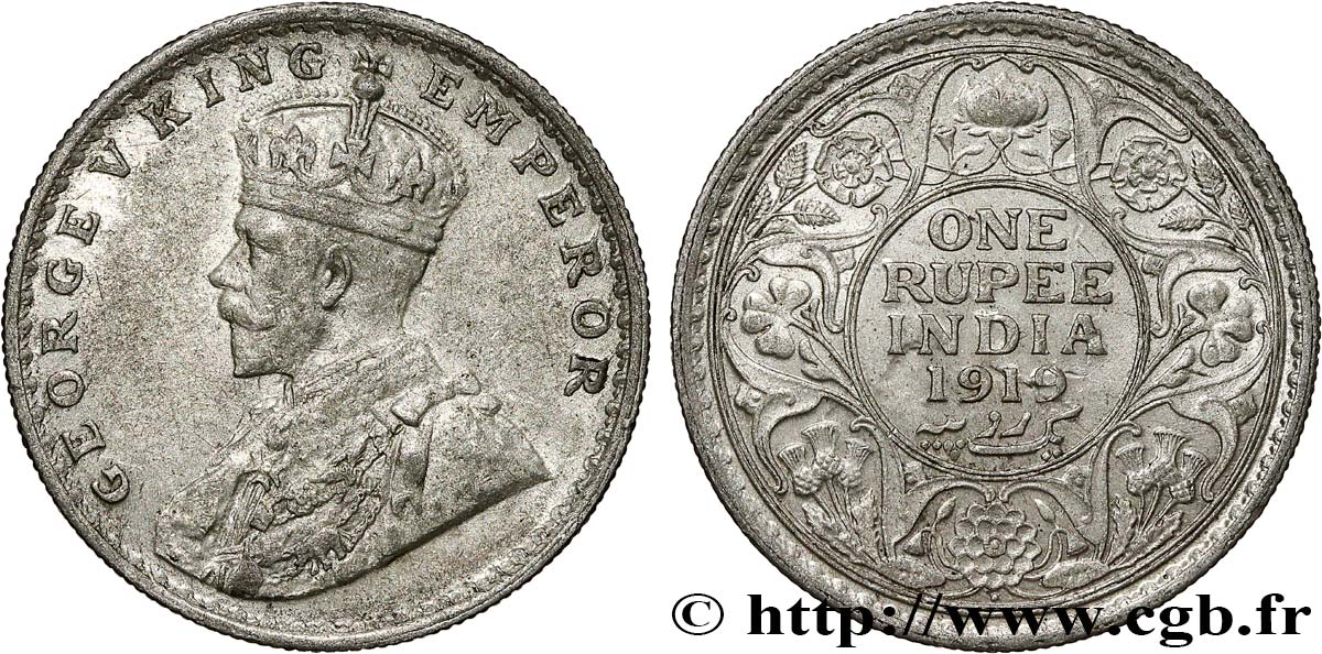 INDES BRITANNIQUES 1 Rupee (Roupie) Georges V 1919 Bombay TTB 
