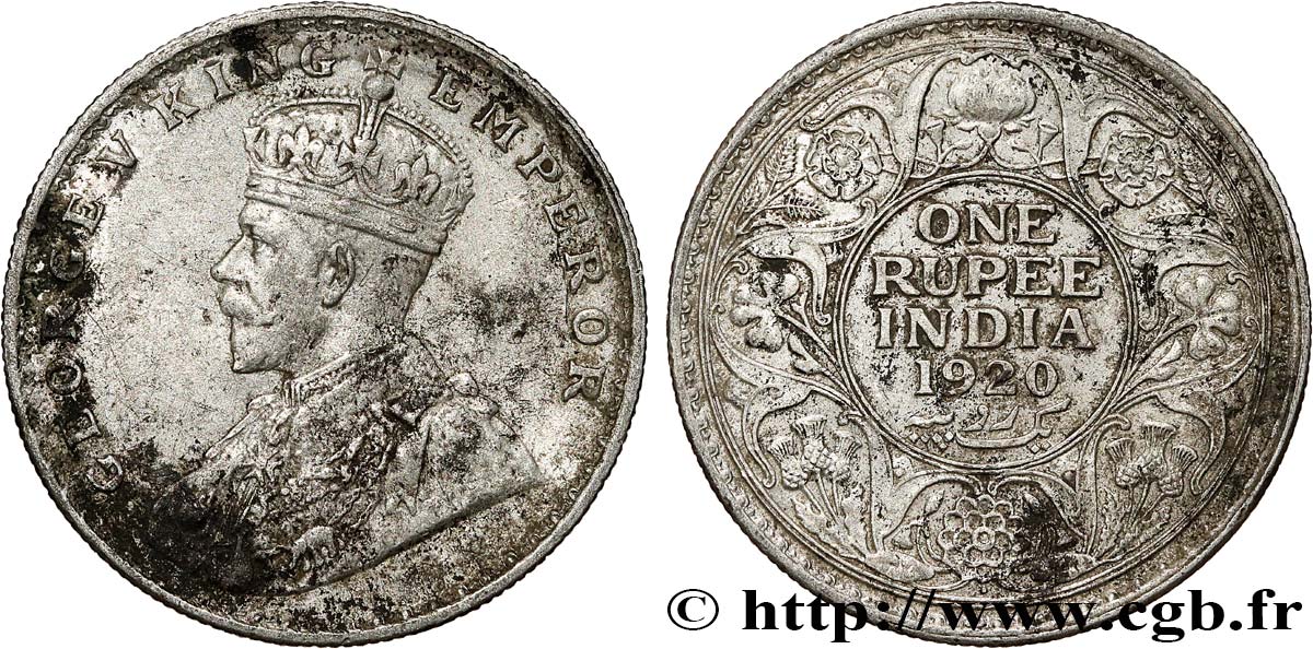 BRITISH INDIA 1 Rupee (Roupie) Georges V 1920 Bombay VF 