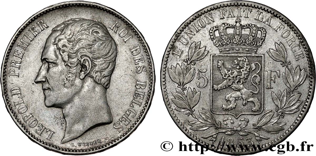 BELGIQUE 5 Francs Léopold Ier tête nue 1853  TTB 