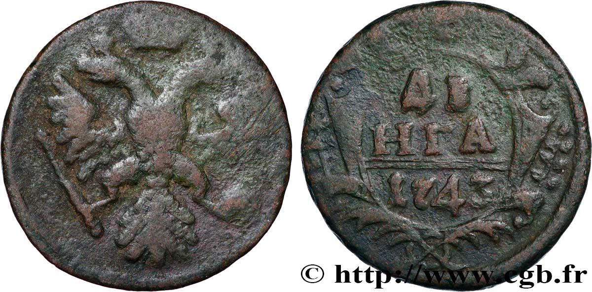 RUSSIE 1 Denga (1/2 Kopeck) aigle bicéphale 1743 Moscou ou Ekaterinbourg TB 