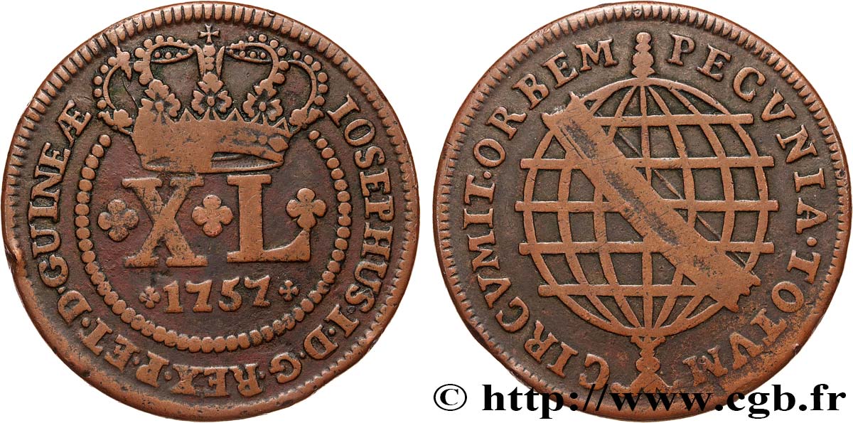 BRAZIL - JOSEPH I 40 Reis  1757  XF 