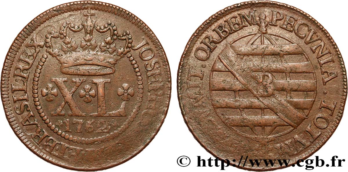 BRAZIL - JOSEPH I 40 Reis  1762 Bahia XF/VF 