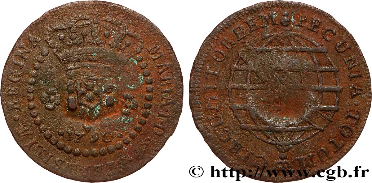 BRESIL - PRINCE JEAN REGENT 10 Réis contremarqué sur une 5 Réis de 1790 (1809)  q.BB 