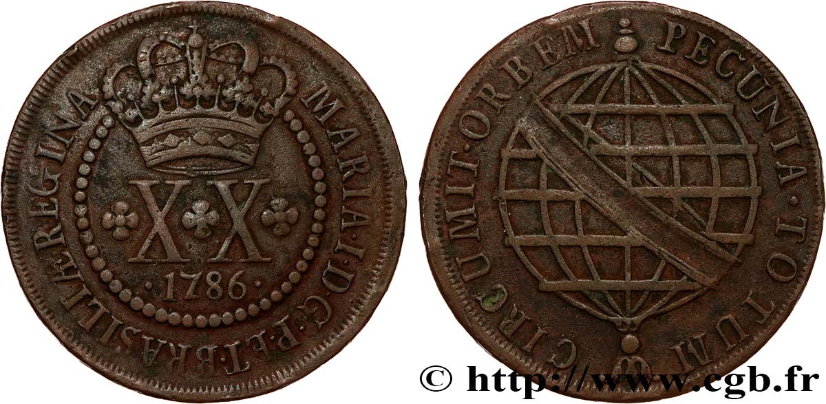 BRASIL - MARIA I 20 Réis  1786 Lisbonne XF 