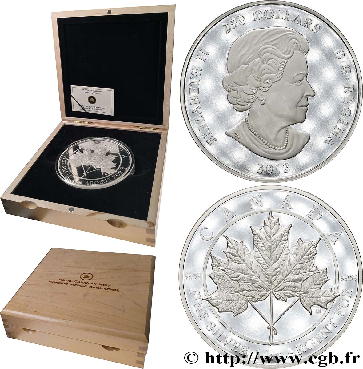 CANADá
 250 Dollars (1 kilo) Proof feuille d’érable / Elisabeth II 2012  FDC 
