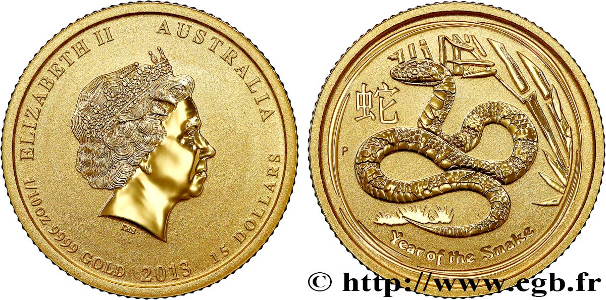 AUSTRALIEN 15 Dollars Proof (1/10 Once) Année du Serpent 2013 Perth ST 