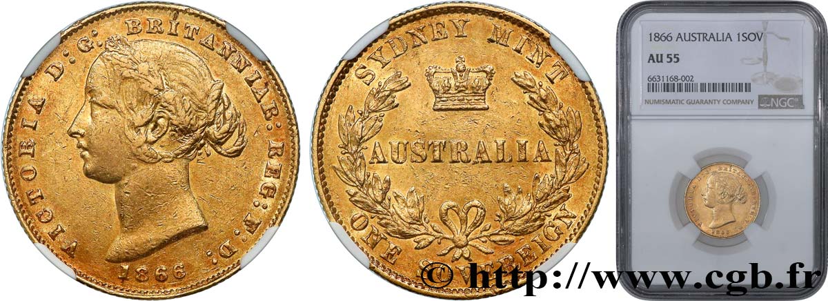 AUSTRALIE - VICTORIA 1 Souverain (Sovereign)  1866 Sydney AU55 NGC