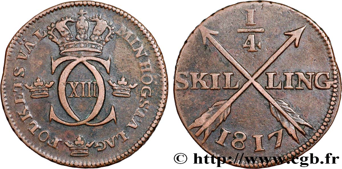 SWEDEN 1/4 Skilling monograme du roi Charles XIII 1817  XF 