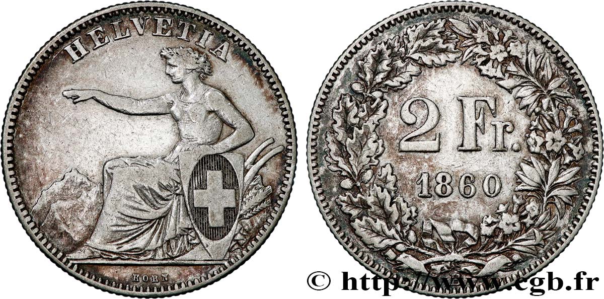 SUISSE 2 Francs Helvetia 1860 Berne TB+ 