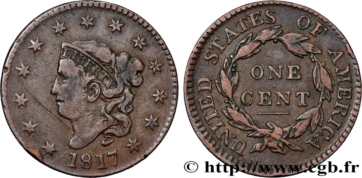 STATI UNITI D AMERICA 1 Cent “Matron Head” 1817 Philadelphie q.BB 