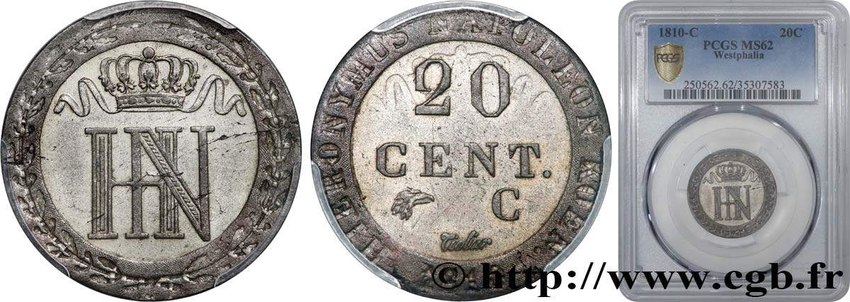GERMANY - KINGDOM OF WESTPHALIA - JÉRÔME NAPOLÉON 20 Cent  1810 Cassel MS62 PCGS