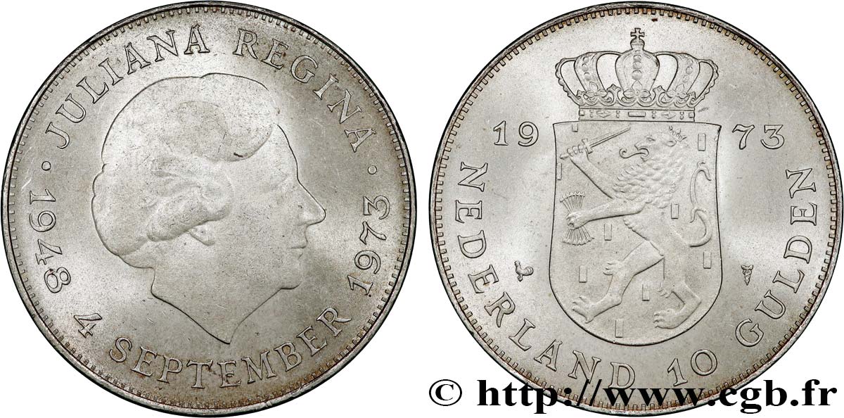 PAESI BASSI 10 Gulden 25e anniversaire de règne, reine Juliana 1973 Utrecht SPL 