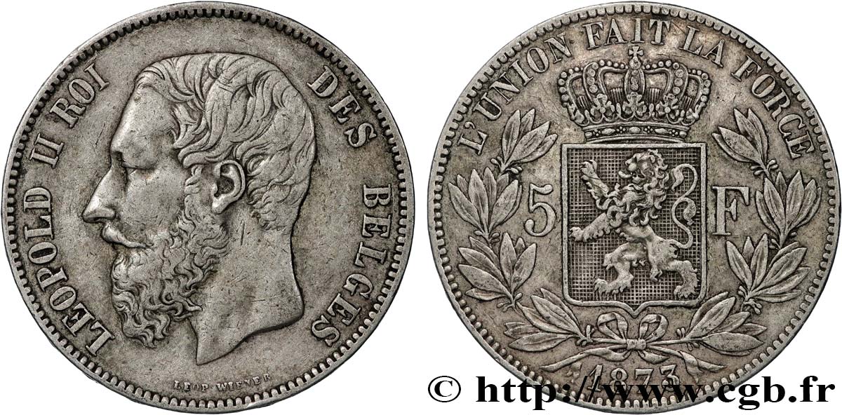 BELGIQUE 5 Francs Léopold II 1873  TTB 