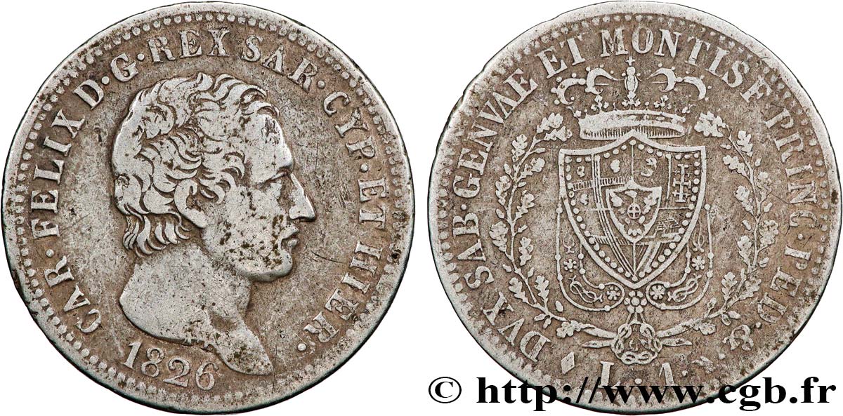 ITALY - KINGDOM OF SARDINIA 1 Lira Charles Félix 1826 Turin VF 