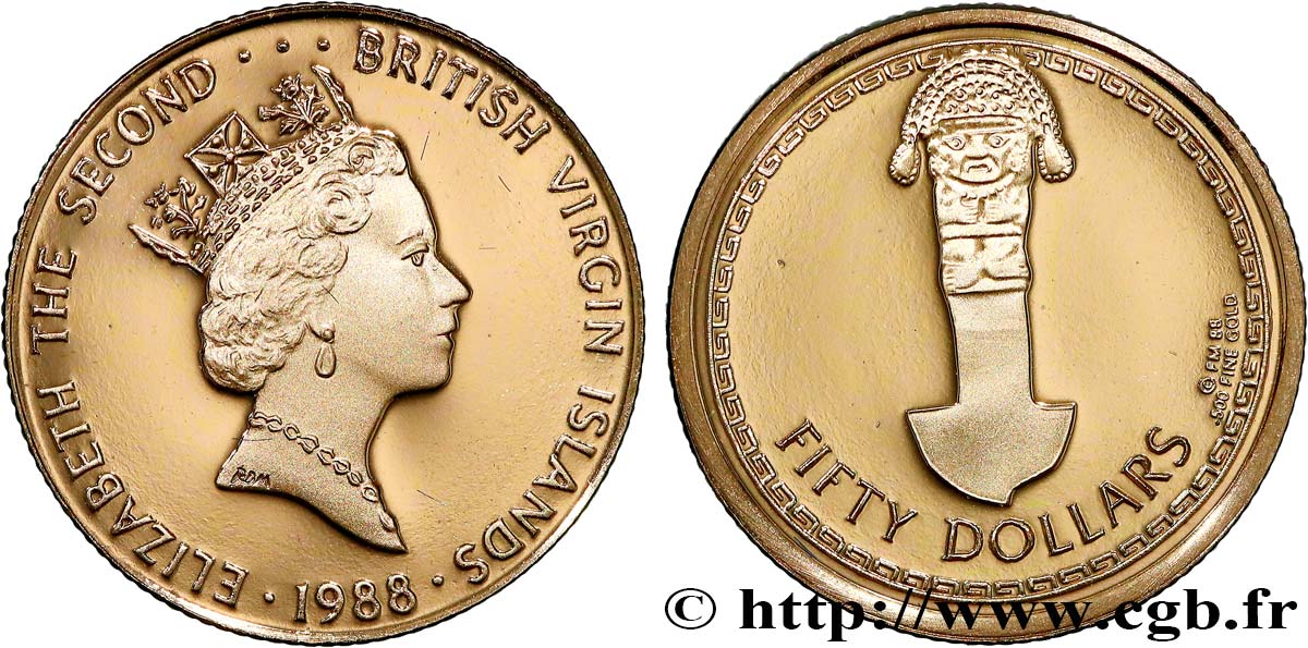 BRITISH VIRGIN ISLANDS 50 Dollar Proof Couteau Sacrificiel 1988 Franklin Mint MS 