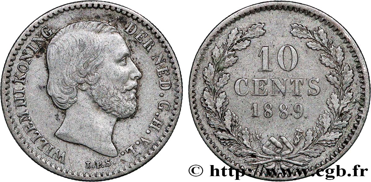 PAYS-BAS 10 Cents Guillaume III 1889 Utrecht TTB 
