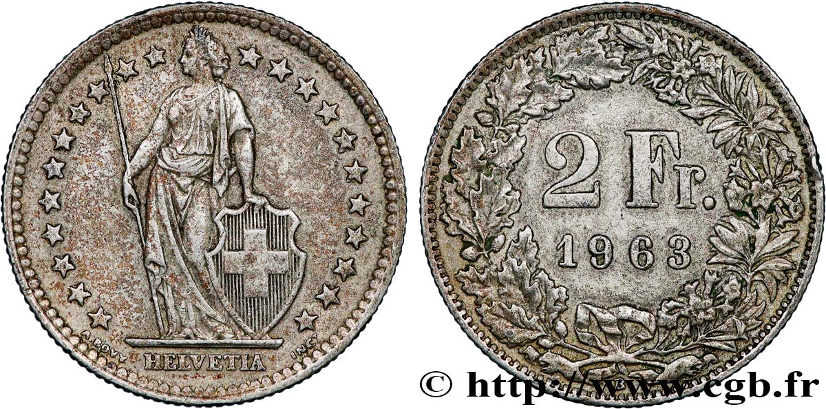 SUISSE 2 Francs Helvetia 1963 Berne TTB+ 