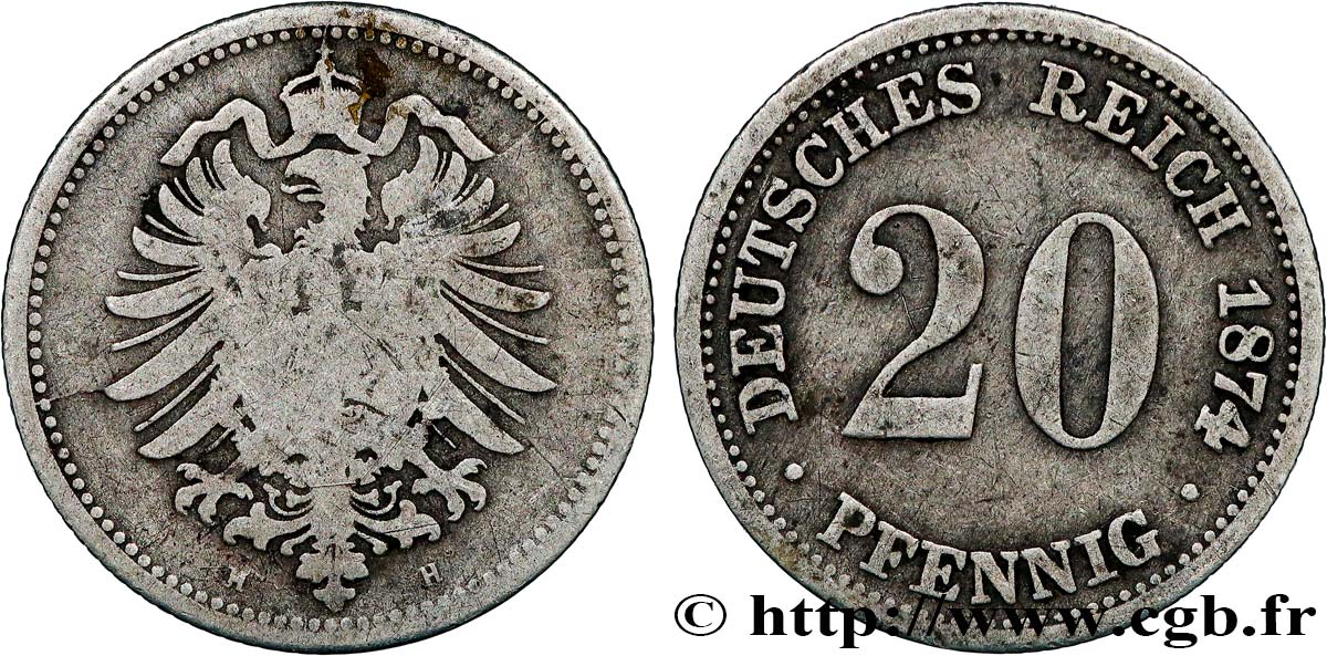 ALLEMAGNE 20 Pfennig aigle impérial héraldique 1874 Darmstadt TB 