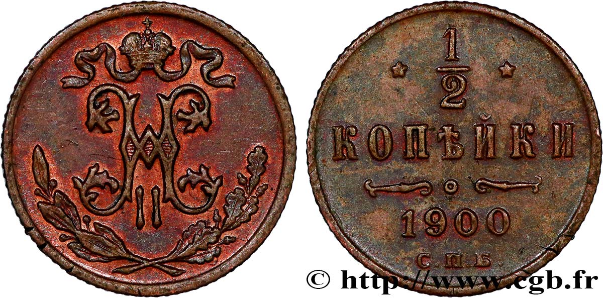 RUSSIA 1/2 Kopeck Nicolas II 1900 Saint-Petersbourg AU 