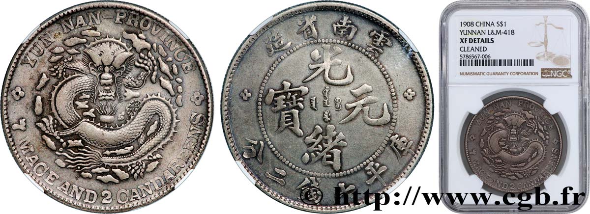 CHINA - YUNNAN PROVINCE 1 Dollar  1908 Kunming BB NGC