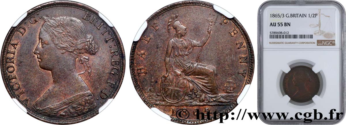 GRAN BRETAGNA - VICTORIA 1/2 Penny Victoria “Bun Head” 1865/3  SPL55 NGC