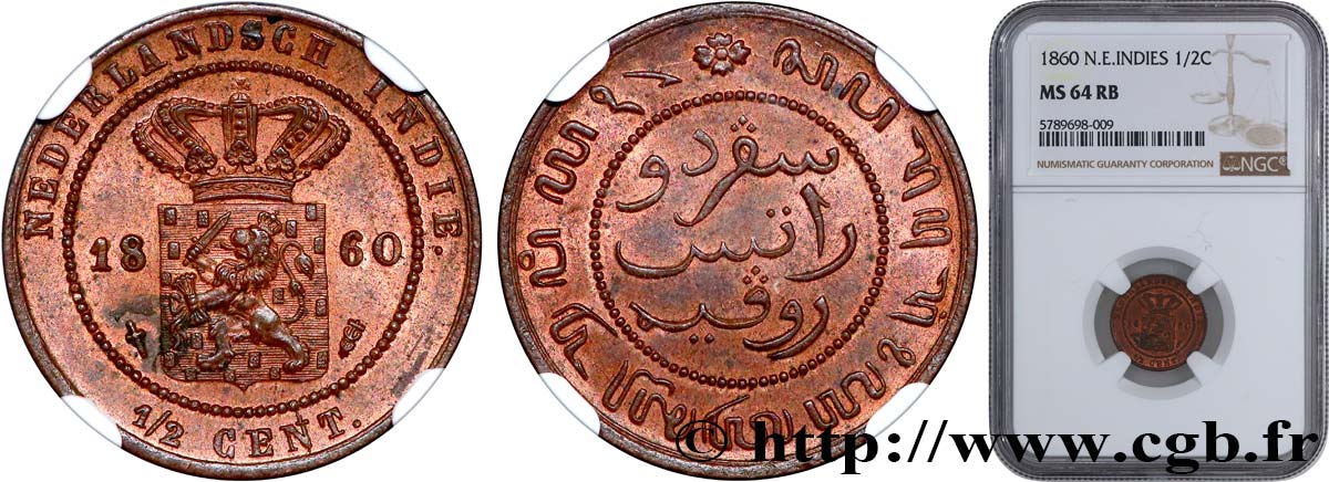 NETHERLANDS INDIES 1/2 Cent 1860 Utrecht MS64 NGC