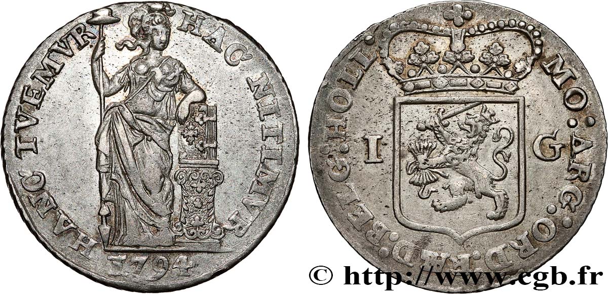 NIEDERLANDE - VEREINIGTEN PROVINZEN 1 Gulden Hollande armes couronnées des provinces Unies / femme au coude posé sur une bible 1794 Utrecht fVZ 