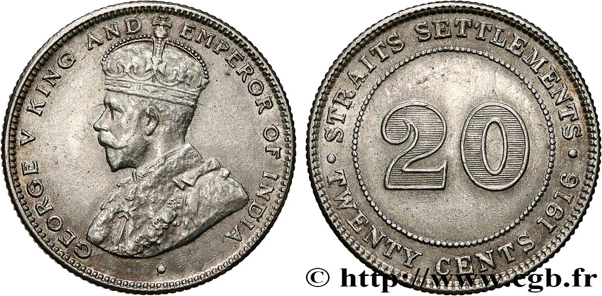 MALASIA - COLONIAS DEL ESTRECHO 20 Cents Straits Settlements George V 1916 Bombay EBC 