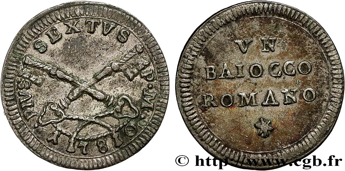 ITALIA - ESTADOS PONTIFICOS - PIUS VI (Giovanni Angelo Braschi 1 Baiocco  1780 Rome MBC+ 